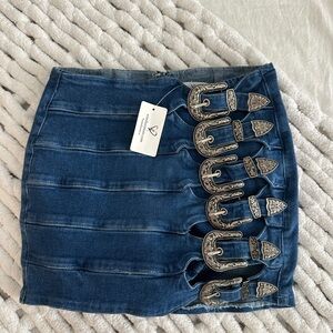 Brand New Windsor Blue Denim Mini Skirt with Silver Buckles